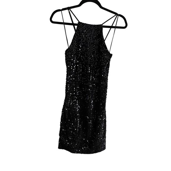 Express Women S Black Sequin Holiday Cocktail Party Open Back Halter Mini Dress - Picture 3 of 11